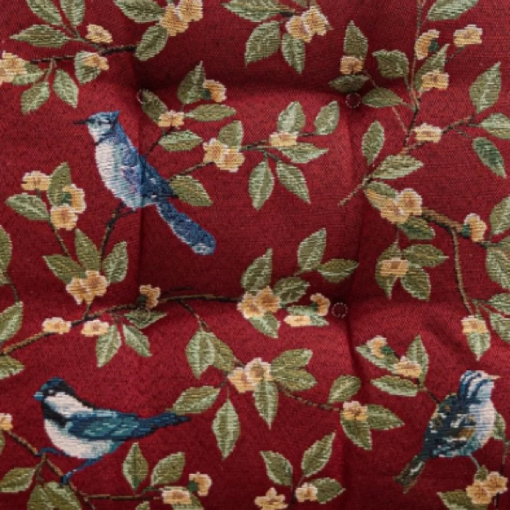 Floral Bird Print Chair Cushion in Burgundy Red